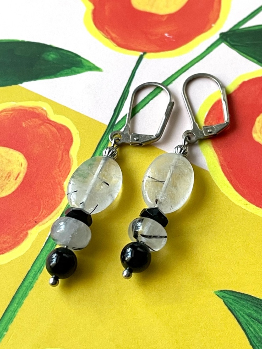 Artisan style polished stone dangle leverback earrings rutilated quartz? boho